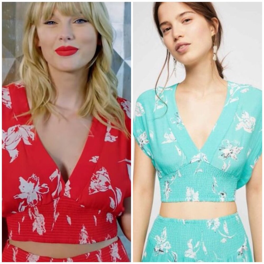 Free People L Teal‎ Floral Crinkle Nile River Smocked Crop Top ASO Taylor Swift